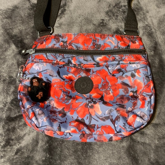KIPLING- Floral Crossbody Bag - Red/Blue/Black with the Iconic Monkey Keychain. - Picture 2 of 10
